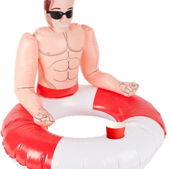 NIP! Inflatable Hunky Lifeguard Swim Ring w/ Cup Holder-Red/White-35" D - Picture 2 of 5